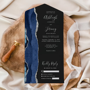 Navy Blau Silber Achat Dunkle Hochzeit All In One Einladung