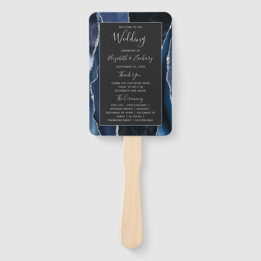 Navy Blau Silber Achat Dunkle Hochzeitsprogramm Fächer (Vorderseite)