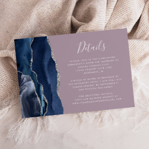 Navy Blau Silber Achat Mauve Hochzeitsdetails Begleitkarte