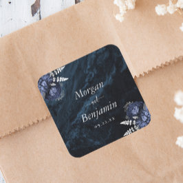 Navy Blau Silber Blumen Hochzeit Quadratischer Aufkleber
