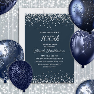 Navy Blau Silber Diamant Glitter 100. Geburtstag Einladung