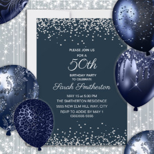 Navy Blau Silber Diamant Glitter 50. Geburtstag Einladung