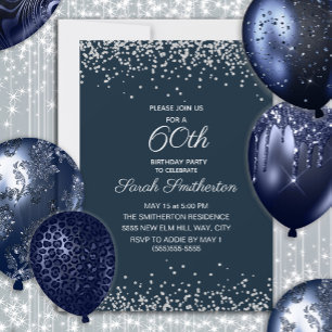 Navy Blau Silber Diamant Glitter 60. Geburtstag Einladung