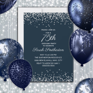 Navy Blau Silber Diamant Glitter 75. Geburtstag Einladung