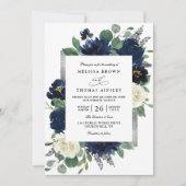 Navy Blau Silber Elegante Florale QR-Code-Hochzeit Einladung (Vorderseite)