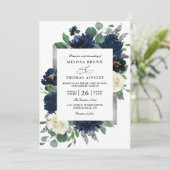 Navy Blau Silber Elegante Florale QR-Code-Hochzeit Einladung (Stehend Vorderseite)