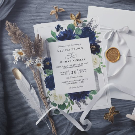 Navy Blau Silber Elegante Florale QR-Code-Hochzeit Einladung
