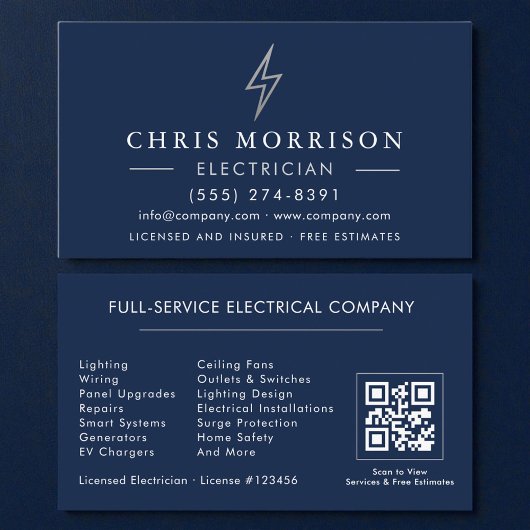 Navy Blau Silber Elektriker QR-Code  Visitenkarte