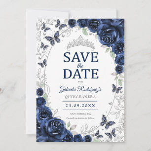 Navy Blau Silber Floral Quinceanera Save The Date