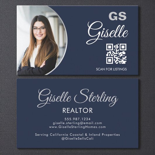 Navy Blau Silber Foto Monogramm Realtor QR Code  Visitenkarte