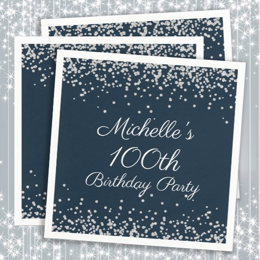 Navy Blau Silber Glitter 100. Geburtstagsfeier Serviette