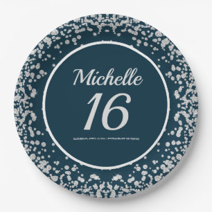 Navy Blau Silber Glitter 16. Geburtstag Pappteller