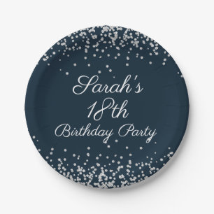 Navy Blau Silber Glitter 18. Geburtstagsfeier Pappteller
