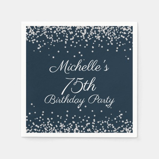 Navy Blau Silber Glitter 75. Geburtstagsfeier Serviette (Vorderseite)