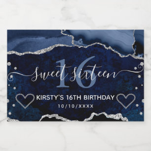 Navy Blau & Silber Glitter Achat Murmel Sweet 16 Schaumweinetikett
