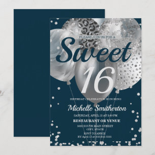 Navy Blau Silber Glitter Ballon Sweet 16 Geburtsta Karte