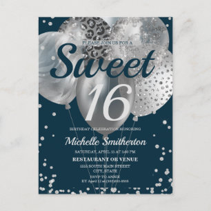Navy Blau Silber Glitter Ballons Sweet 16 Postkarte
