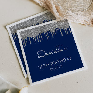 Navy Blau Silber Glitter Drip 30. Geburtstagsfeier Serviette