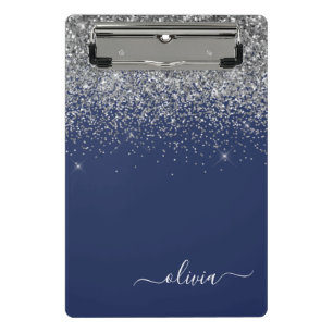 Navy Blau Silber Glitter Girly Monogramm Name Mini Klemmbrett