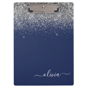 Navy Blau Silber Glitter Mädchen Monogramm Name Klemmbrett