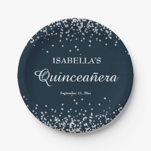 Navy Blau Silber Glitter Mädchen Quinceanera Pappteller