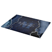 Navy Blau & Silber Glitter-Marmor-Achat-Monogramm Schneidebrett (Ecke)