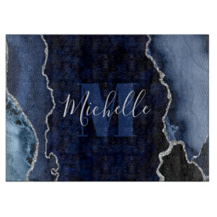 Navy Blau & Silber Glitter-Marmor-Achat-Monogramm Schneidebrett