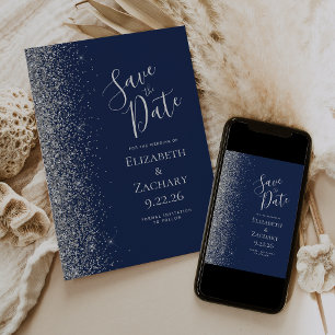 Navy Blau Silber Glitter Save the Date Ankündigung