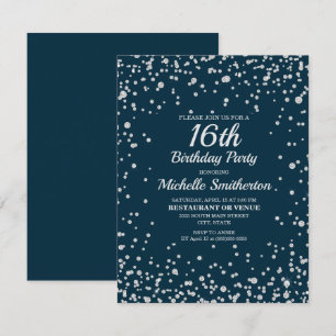 Navy Blau Silber Glitter Sweet 16 Geburtstag Karte