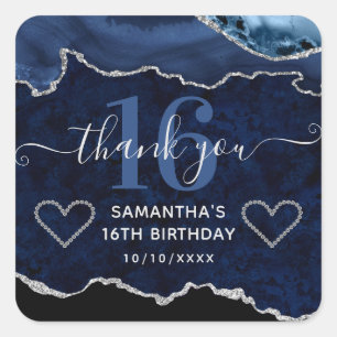 Navy Blau & Silber Glittermarmor Achat Sweet 16 Quadratischer Aufkleber