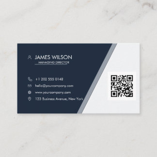 Navy Blau Silber Individuelles Logo QR Geschäft Visitenkarte