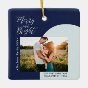 Navy Blau & Silber Moderne Foto Weihnachtsfamilie Keramikornament
