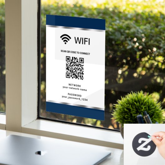 Navy Blau Silber QR Code Wifi Netzwerk und Passwor Fensteraufkleber (Büro)