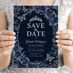 Navy Blau Silber Quinceanera Floral Save The Date