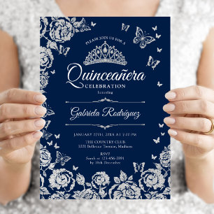 Navy Blau Silber Rosen Schmetterlinge Quinceanera Einladung
