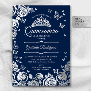 Navy Blau Silber Rosen Schmetterlinge Quinceanera Folieneinladung