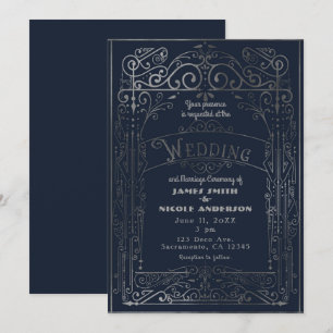 Navy Blau & Silber Vintage Viktorianischer Deco-Ho Einladung