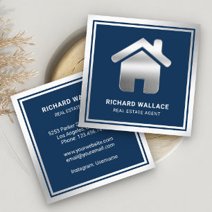 Navy Blau Silberfolie Home-Logo Immobilienmakler Quadratische Visitenkarte