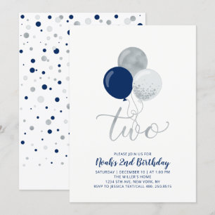 Navy Blau & Silberne Ballons Junge 2. Geburtstagsf Einladung