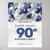 Navy Blau Silberner Ballon Willkommens 90. Geburts Poster (Vorne)