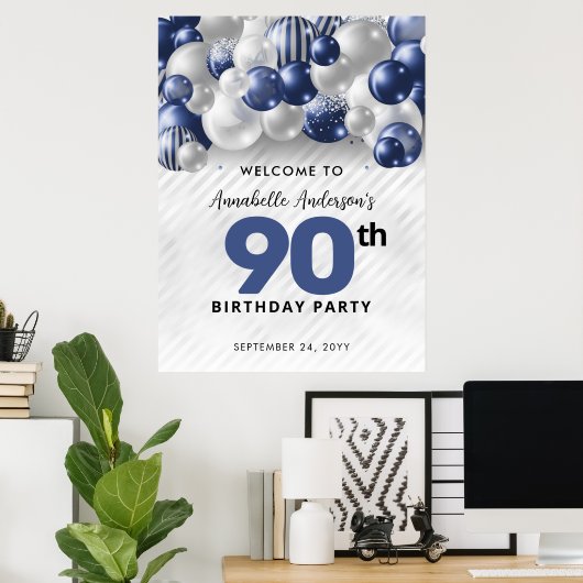Navy Blau Silberner Ballon Willkommens 90. Geburts Poster (Heimbüro)