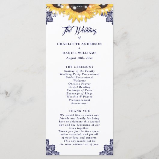 Navy Blau Sonnenblumen Blumen Spitze Hochzeitsprog Programm (Vorderseite)