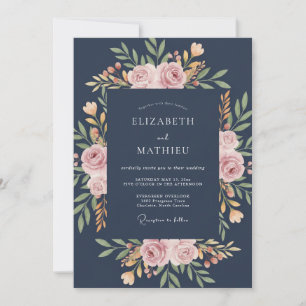 Navy-Blau Stately Rose Hochzeit Einladung