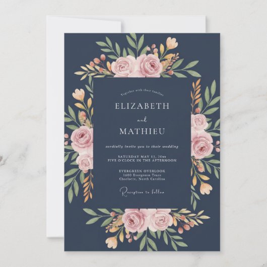 Navy-Blau Stately Rose Hochzeit Einladung (Vorderseite)