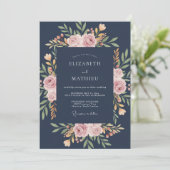 Navy-Blau Stately Rose Hochzeit Einladung (Stehend Vorderseite)