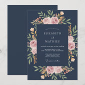 Navy-Blau Stately Rose Hochzeit Einladung (Vorne/Hinten)