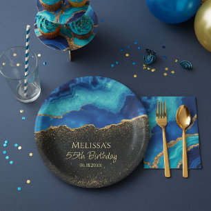 Navy Blau Teal Gold Glitter Abstract Aquarell  Pappteller