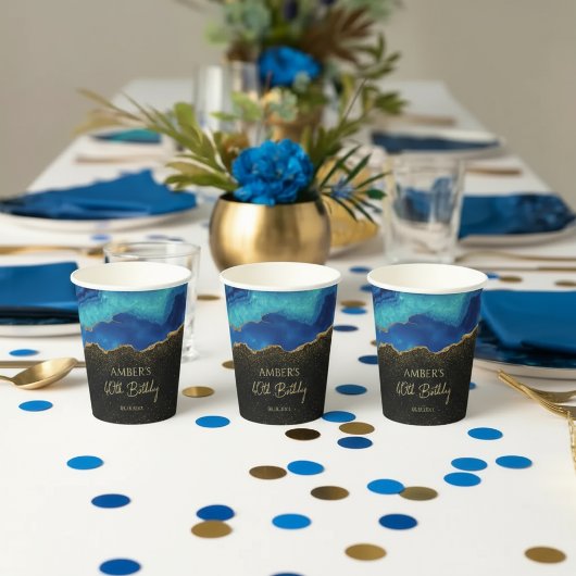 Navy Blau Teal Gold Glitter Abstract Wasserfarbe  Pappbecher