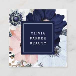 Navy Blau und Blush Pink Bloral Quadratische Visitenkarte