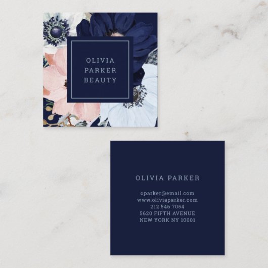 Navy Blau und Blush Pink Bloral Quadratische Visitenkarte (Vorne/Hinten)